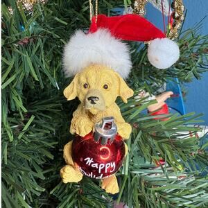 Lab Ornament Yellow Lab Puppy with Santa Hat and Red Ornament (Broken Tail)